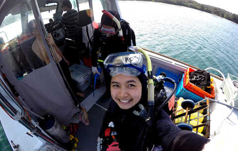 Croucher Ecology | Apple's fieldwork selfie, as she heads to Tung Ping Chau Marine Park to check on coral 'babies' survival and growth